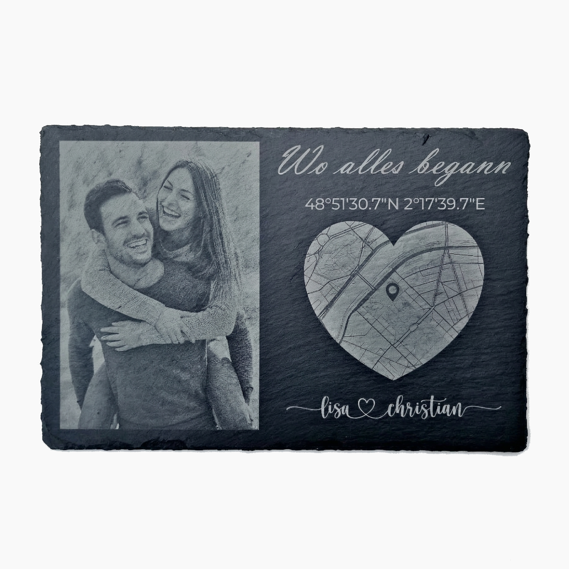 Schiefertafel als Geschenk für Paare mit Herz "Wo alles begann", Fotogravur mit Koordinaten und Namen