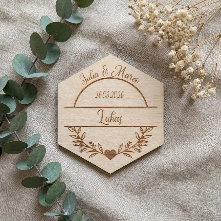 Personalisierte Untersetzer Birke im Hexagon-Format, Platzkarten aus Holz für Hochzeiten