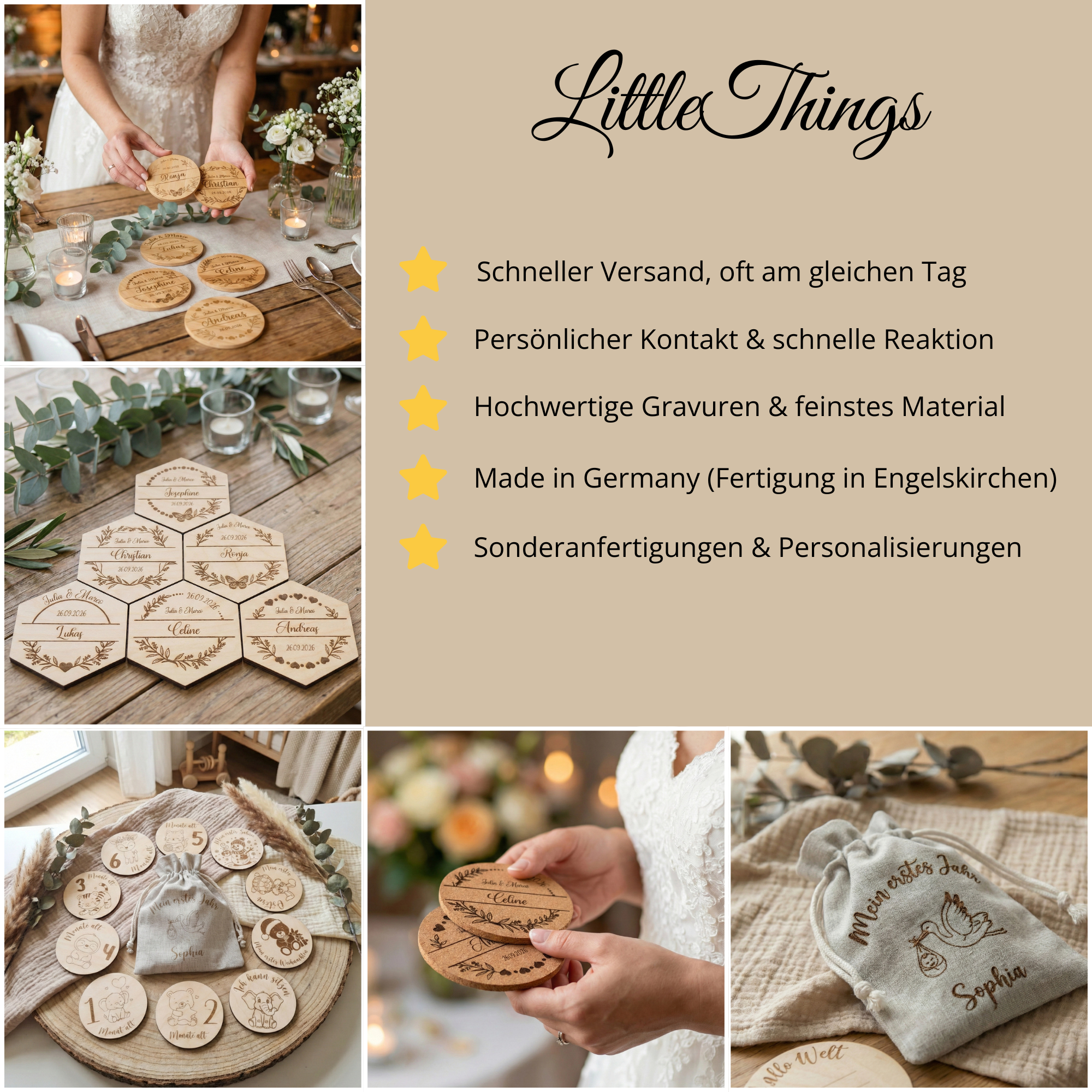 Untersetzer aus Birkenholz, rechteckig, Platzkarten personalisiert