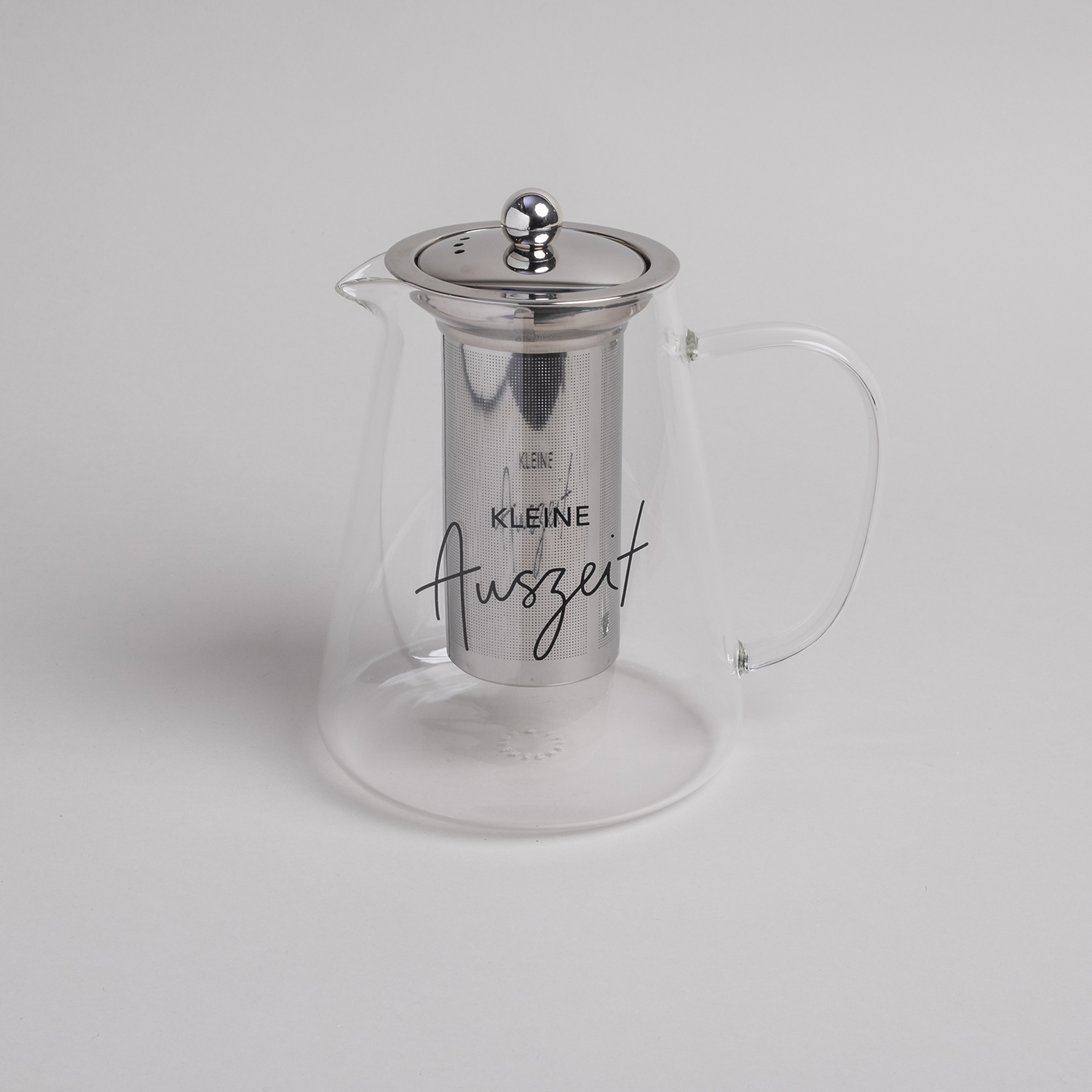 Eulenschnitt Teekanne aus Glas für 1,2 Liter mit Teesieb und Deckel, Aufschrift Kleine Auszeit